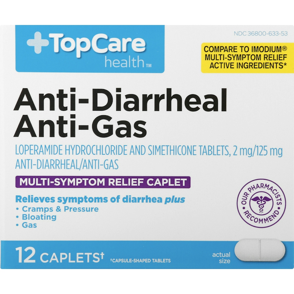 TopCare Anti‑Diarrheal / Anti‑Gas Multi‑Symptom Relief Caplets 2 mg / 125 mg 12 ct