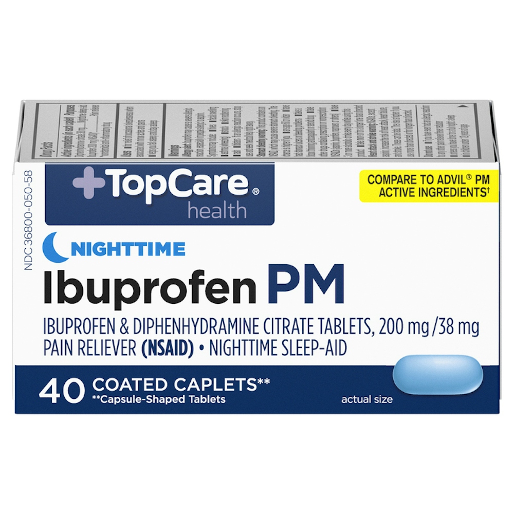 TopCare Ibuprofen PM Nighttime Pain Relief Coated Caplets 200 mg, 40 ct