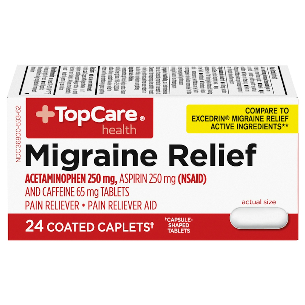 TopCare Migraine Relief Coated Caplets 250 mg / 250 mg / 65 mg, 24 ct