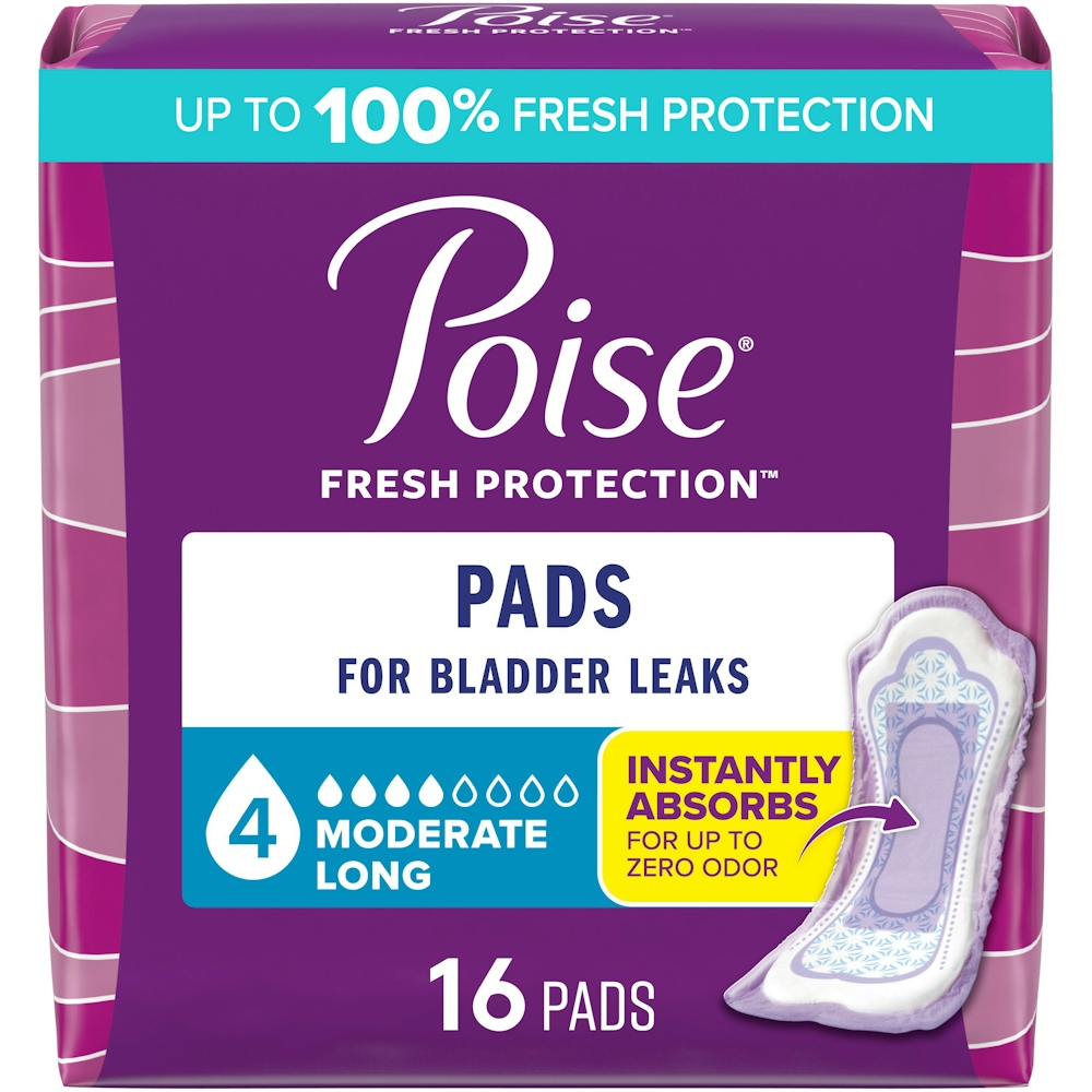 Poise Incontinence Pads Moderate Absorbency Long 16 Count (4 Cases)