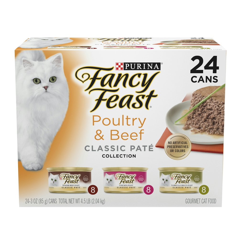 Fancy Feast Purina Wet Cat Food Variety Pack, Poultry And Beef Classic Pate Collection, Grain Free, 24 Cans, 3 Oz. Each
