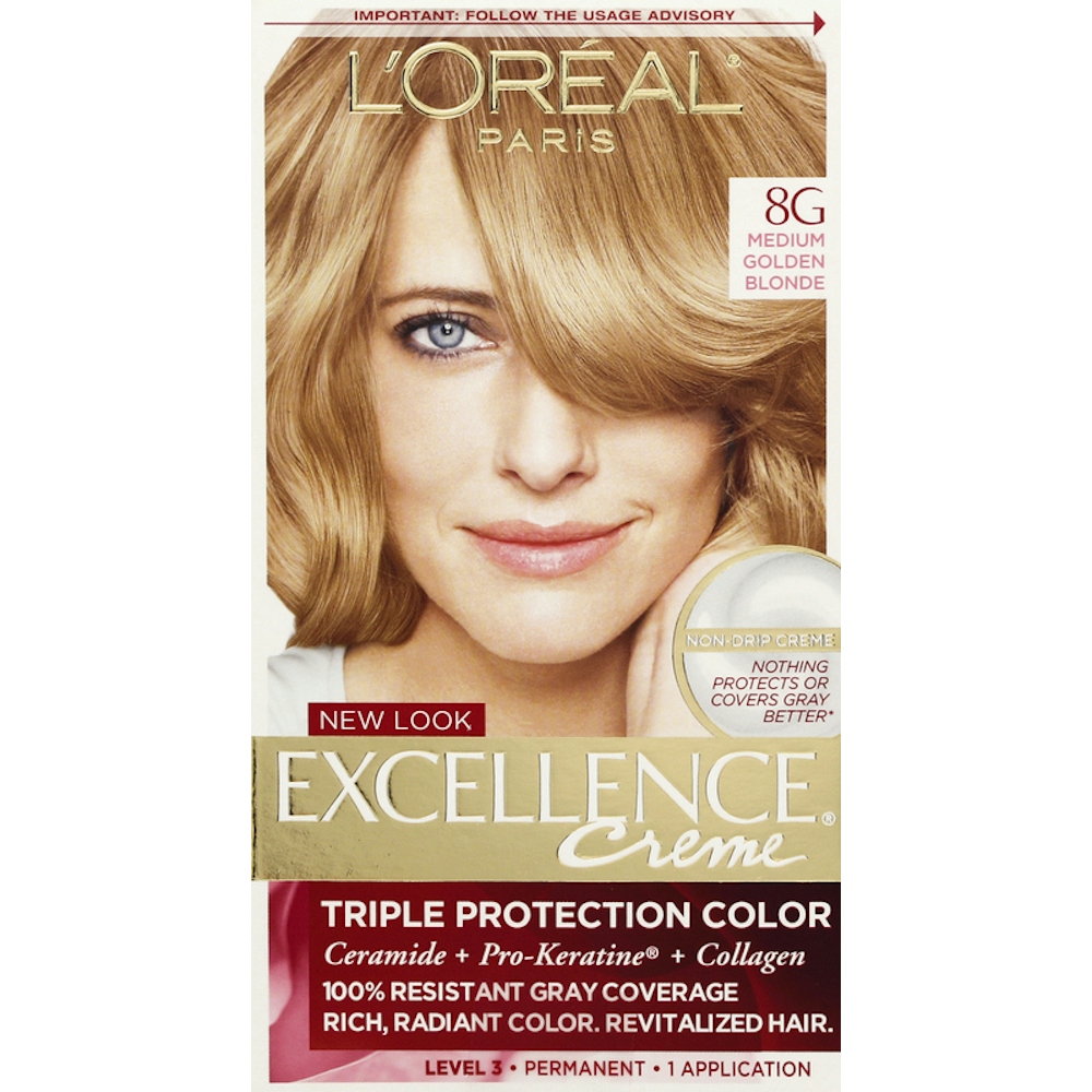 Excellence L'Oreal Paris Créme Permanent Triple Protection Hair Color, 8G Medium Golden Blonde, 1 Kit