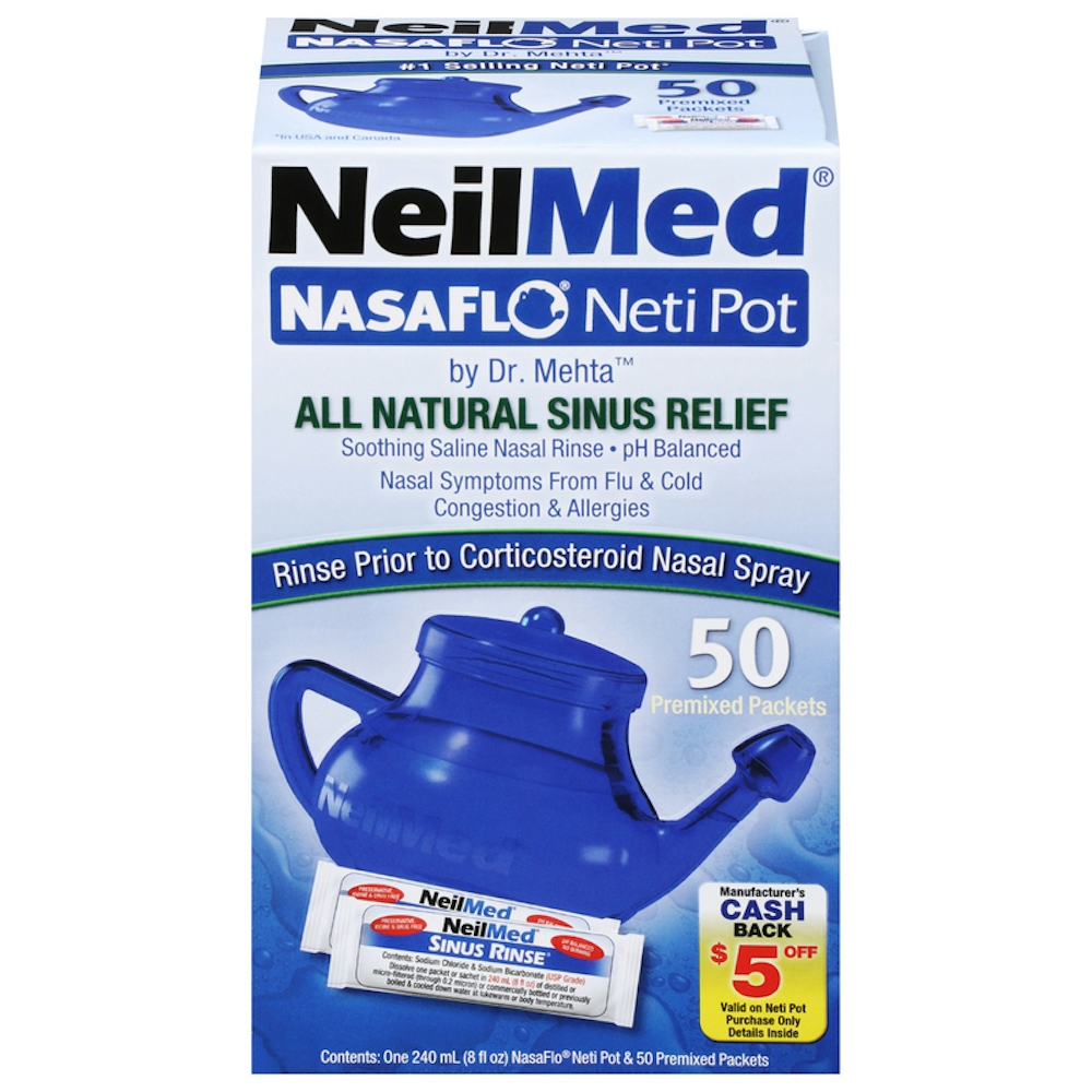 NeilMed Nasal Sinus Rinse NasaFlo Neti Pot With 50 Saline Packets