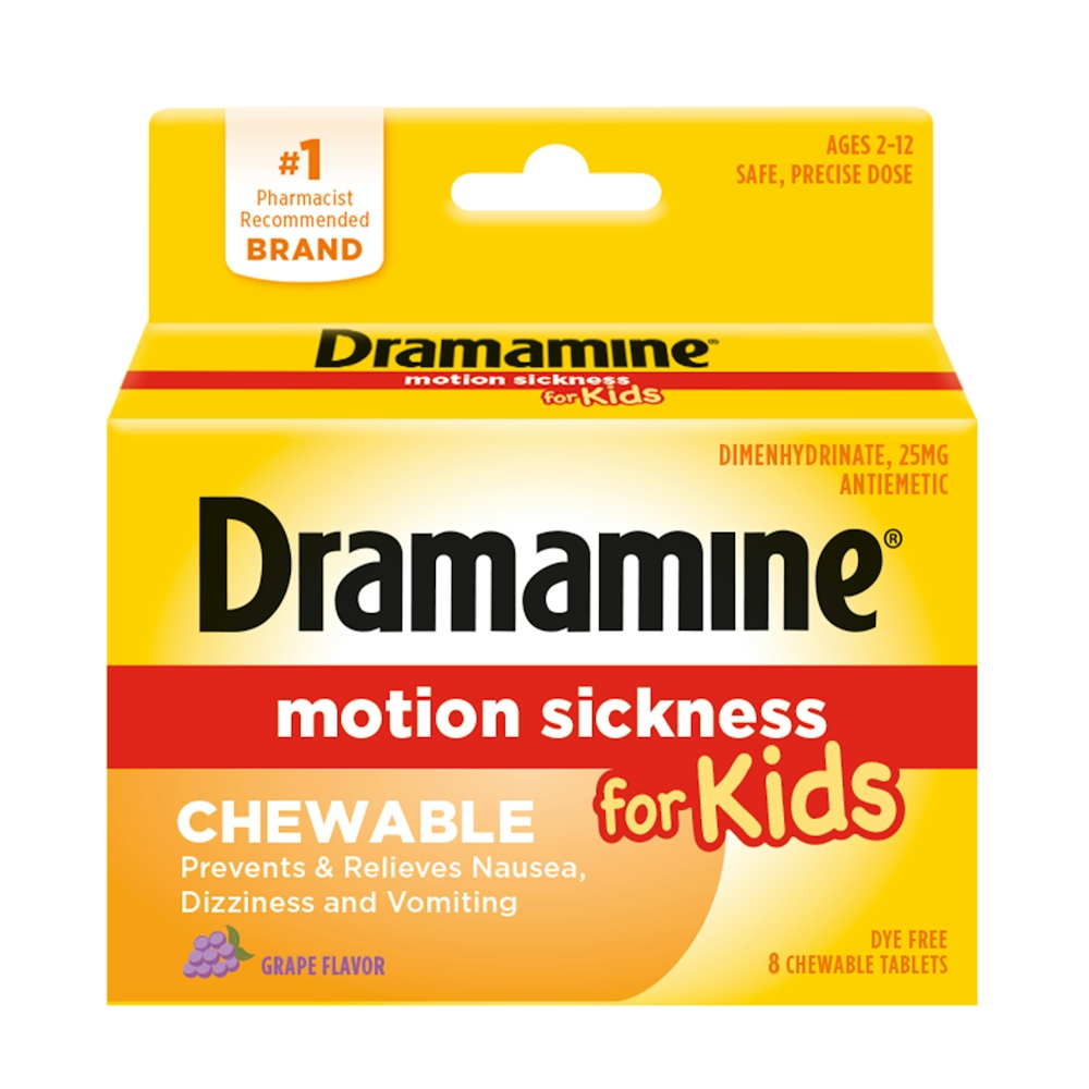 Dramamine Kids Chewable Motion Sickness Relief Tablets For Nausea, Dizziness & Vomiting - Grape - 8ct