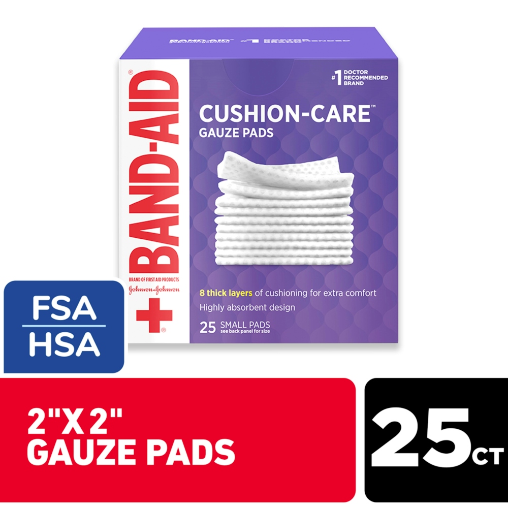 Band-Aid Brand Cushion Care Non-Stick Gauze Pads, Individually-Wrapped, Small, White, 2 X 2 In, 25 Count