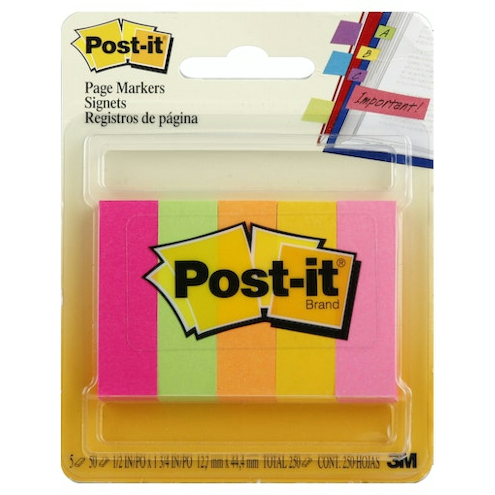 Post-it Page Markers, Assorted Colors, 1/2 In X 2 In, 50 Sheets/Pad, 5 Pads/Pack