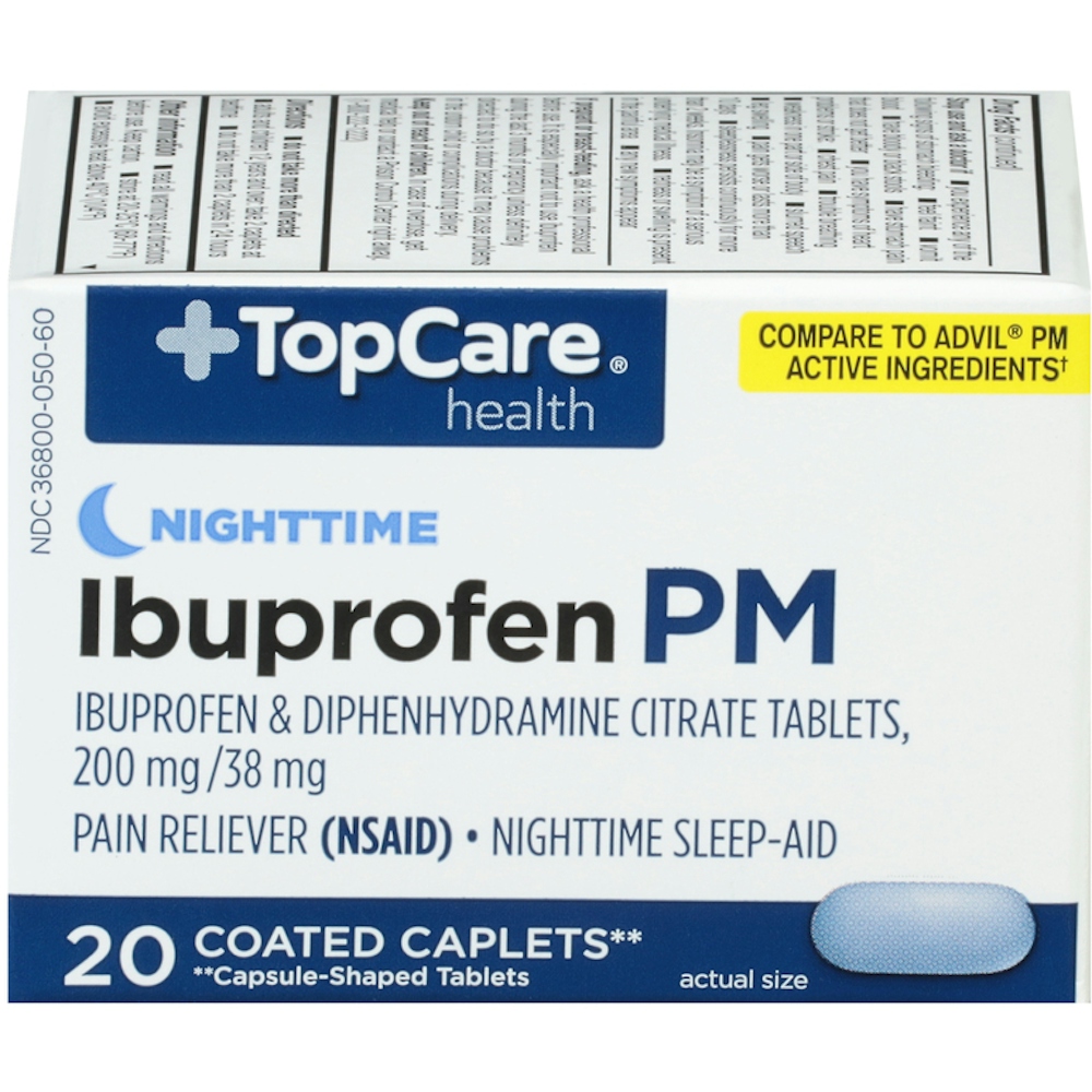 TopCare Ibuprofen PM Nighttime Pain Relief Coated Caplets 200 mg, 20 ct