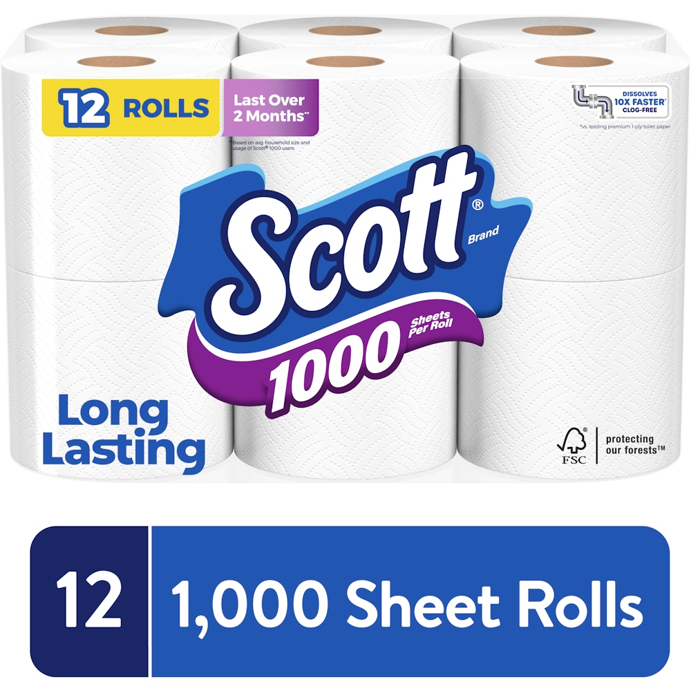 Scott 1000 Sheets Per Roll Toilet Paper, 12 Rolls, Bath Tissue