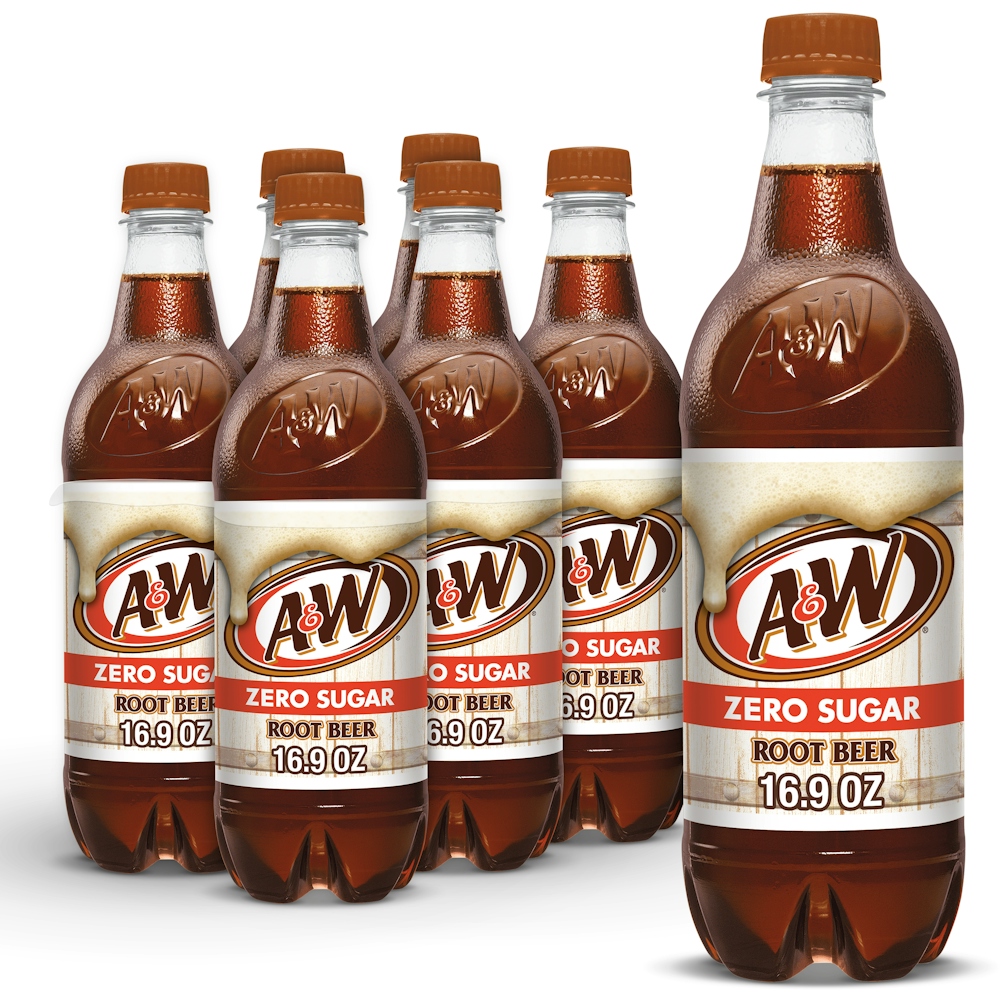 A&W Zero Sugar Root Beer Soda Pop, 16.9 Fl Oz, 6 Pack Bottles