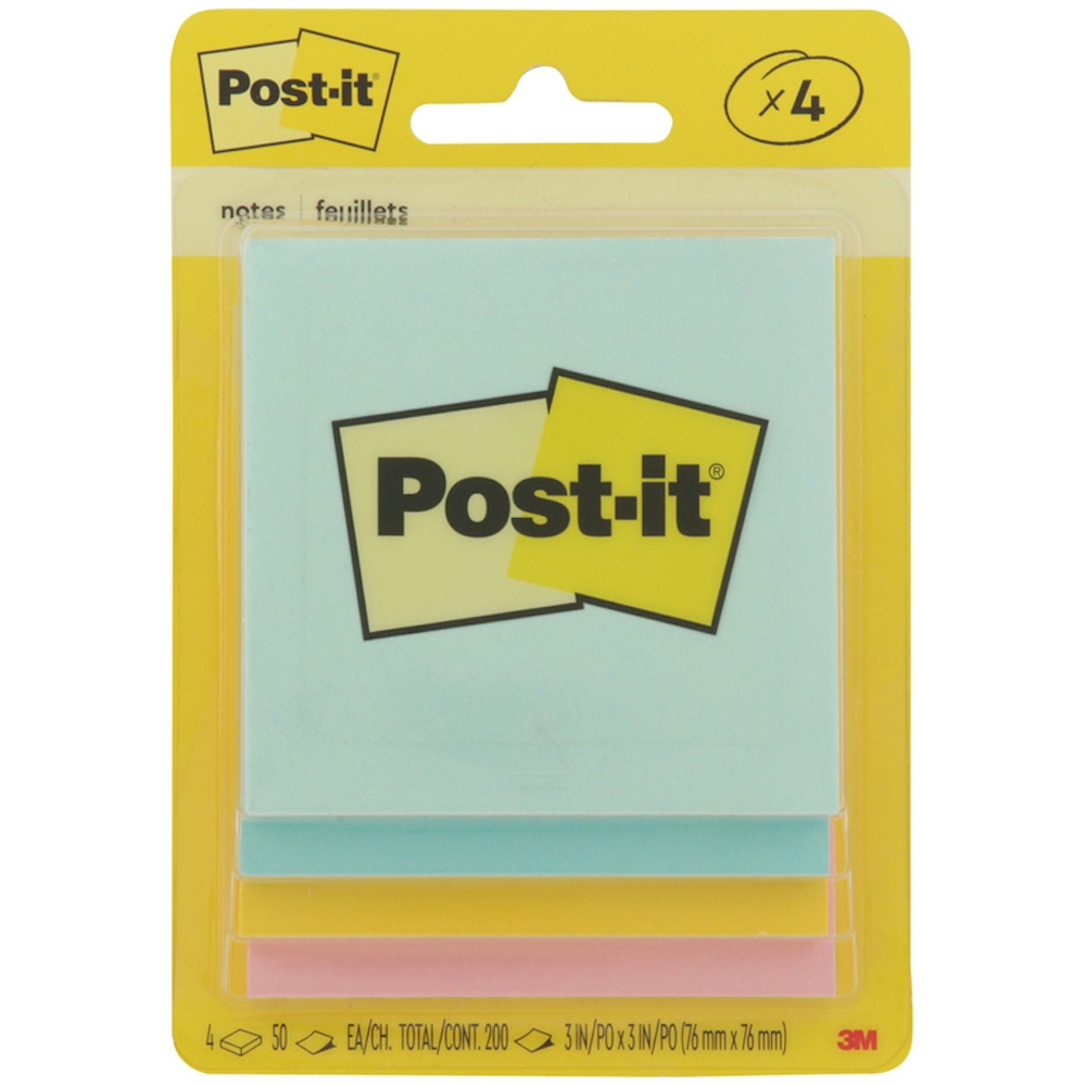 Post-it Notes Original Notepads -Marseille Color Collection, 200, 3\" X 3\", Square, 50 Sheets Per Pad, Unruled, Assorted, Paper, Self-adhesive, 4 / Pack
