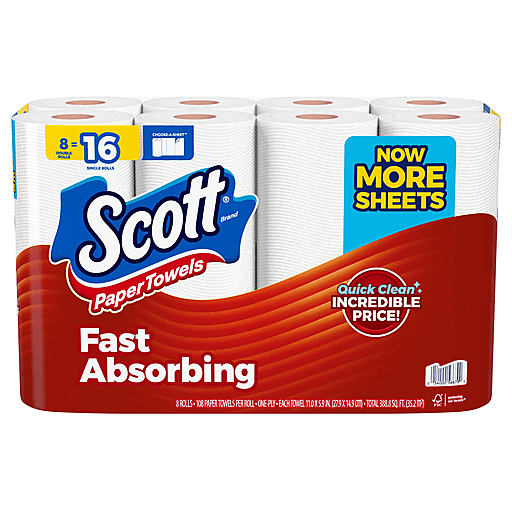 Scott Paper Towels, Fast Absorbing, Choose A Sheet, Double Rolls, One Ply
