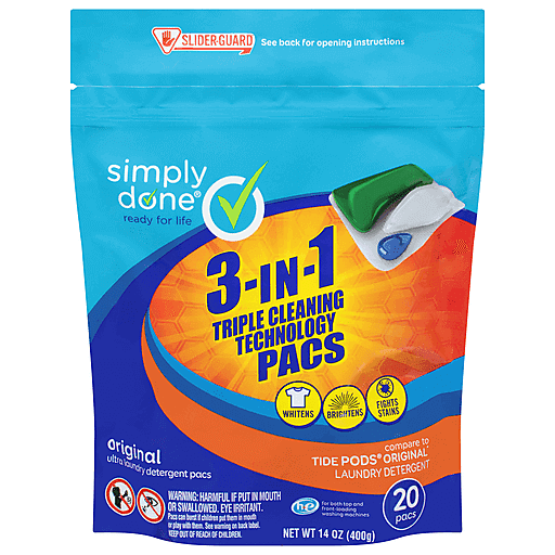 Simply Done Original Ultra 3‑in‑1 Triple Cleansing Technology Pacs Laundry Detergent Pods 20 ct