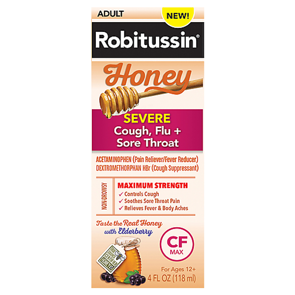 Robitussin Syrup Adult Severe Maximum Strength Honey Cough, Flu + Sore Throat 4 Fl Oz