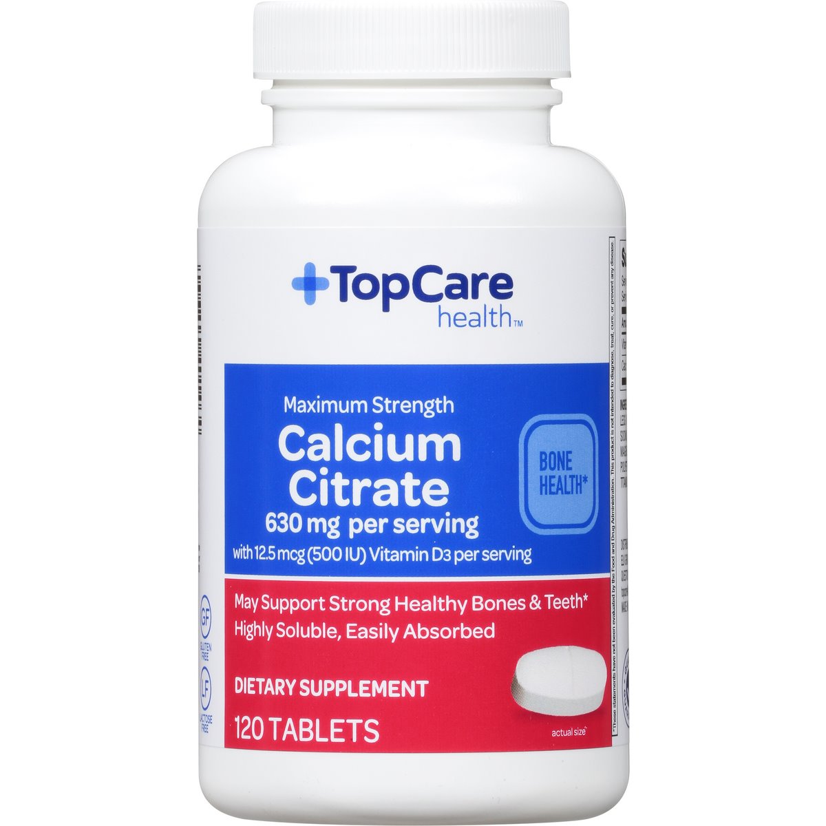 TopCare Calcium Citrate Maximum Strength Tablets 630 mg with Vitamin D3, 120 ct