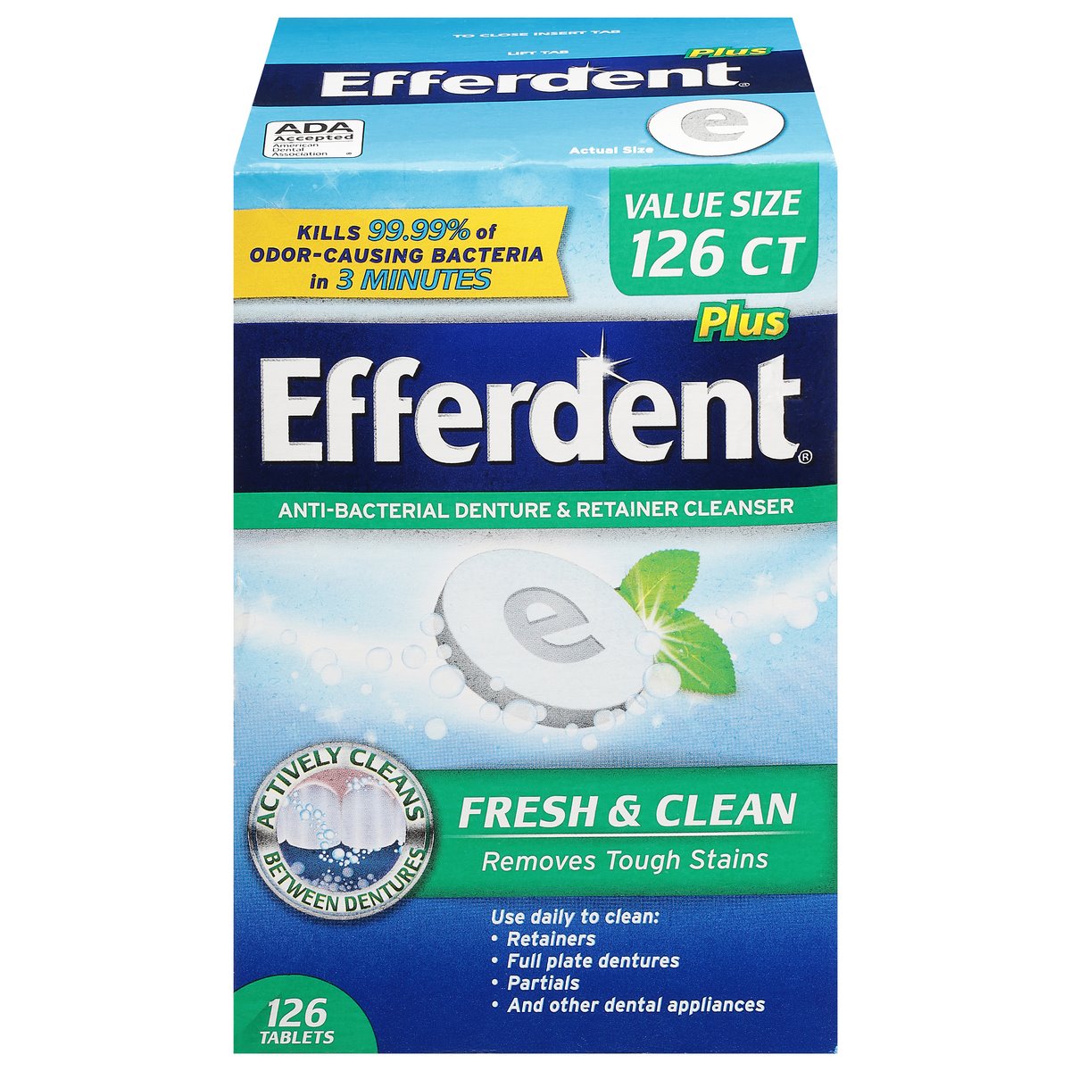 Efferdent Plus Mint Anti-Bacterial Denture Cleanser Fresh, Minty Clean Tablets - 126 Ea