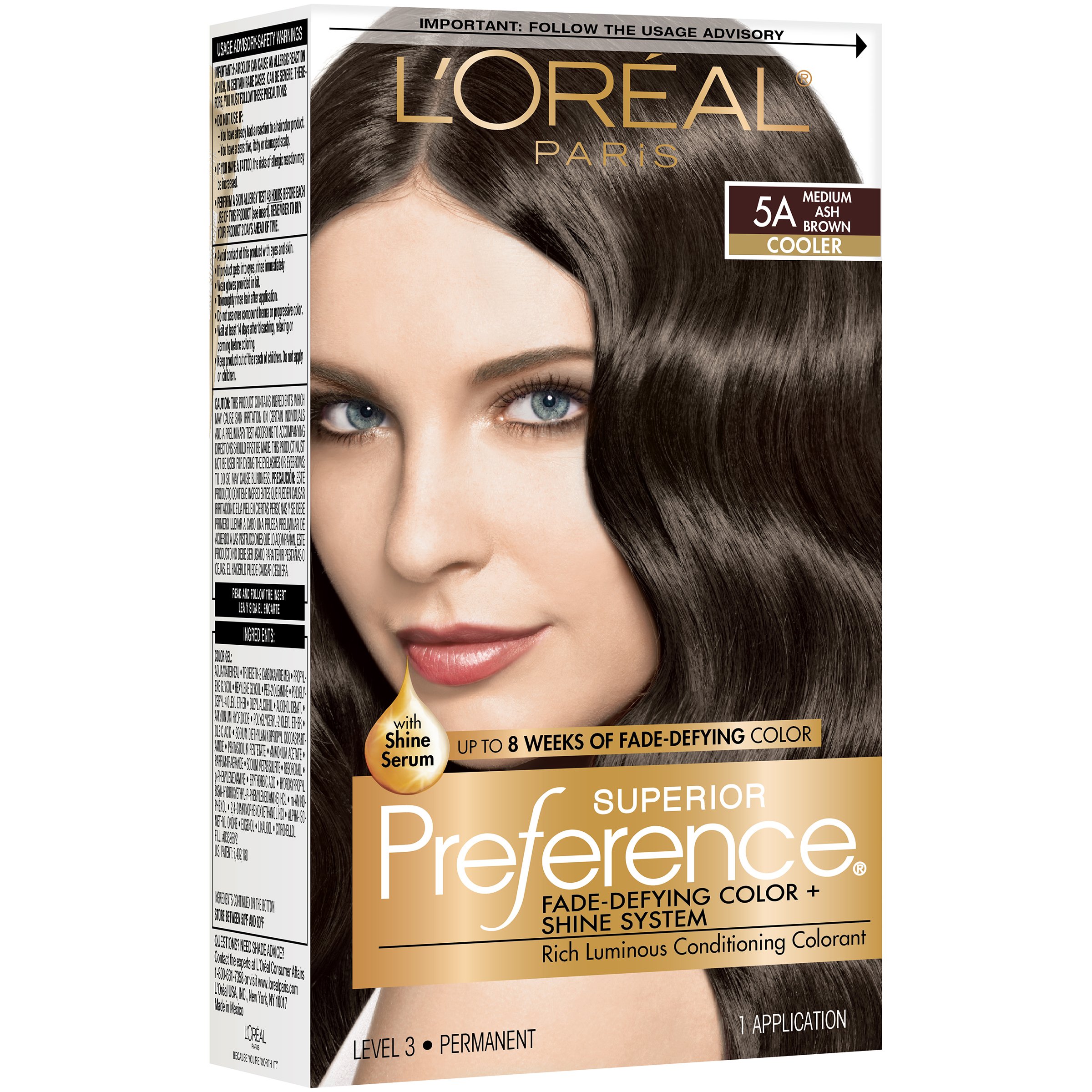 Superior Preference L'Oreal Paris Fade-Defying Shine Permanent Hair Color, 5A Medium Ash Brown, 1 Kit