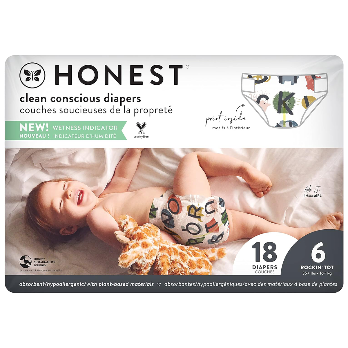 The Honest Company Clean Conscious Diapers Size 6 (All The Letters / Giraffe Design) – 18 ct