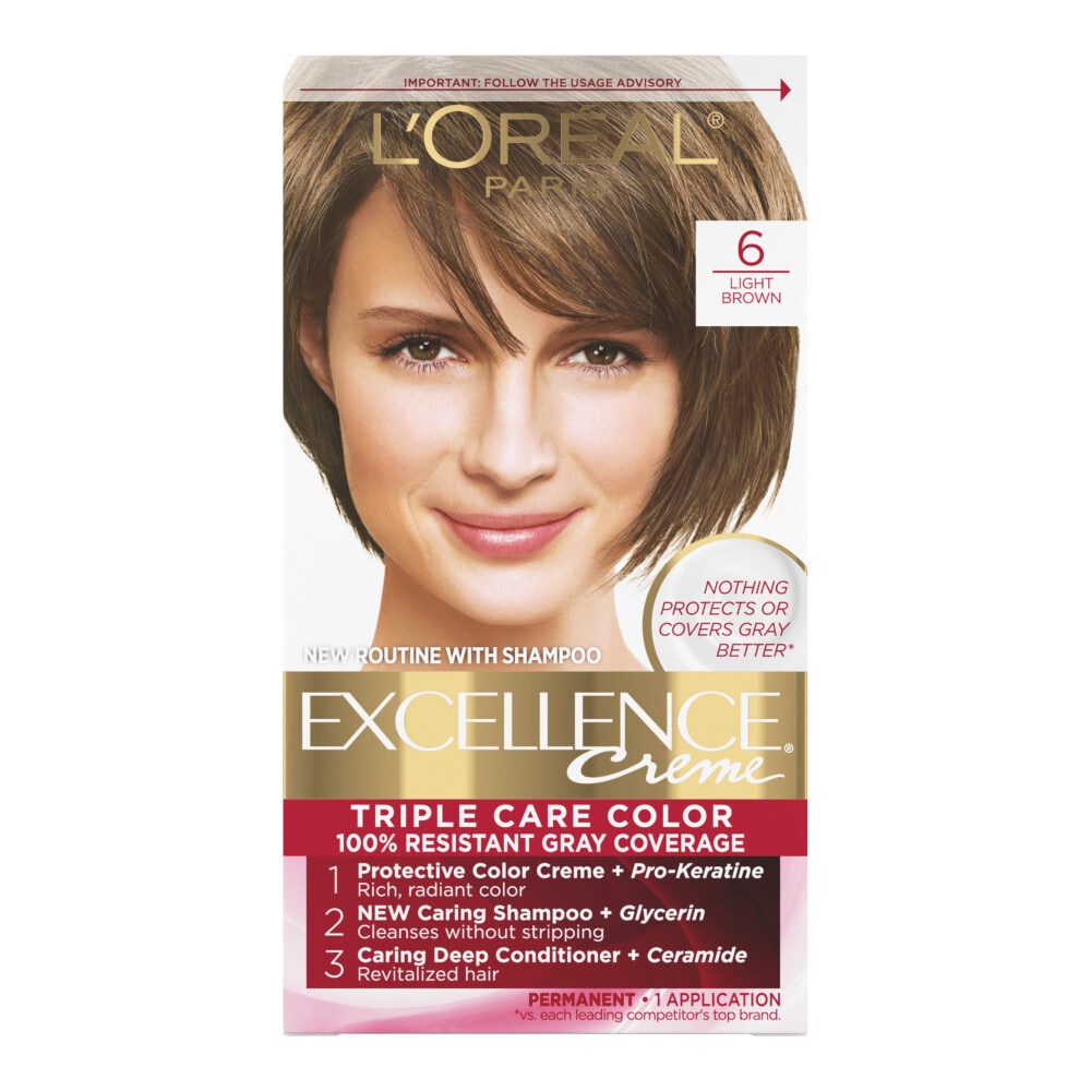 Excellence L'Oreal Paris Creme Permanent Triple Protection Hair Color, 6 Light Brown, 1 Kit