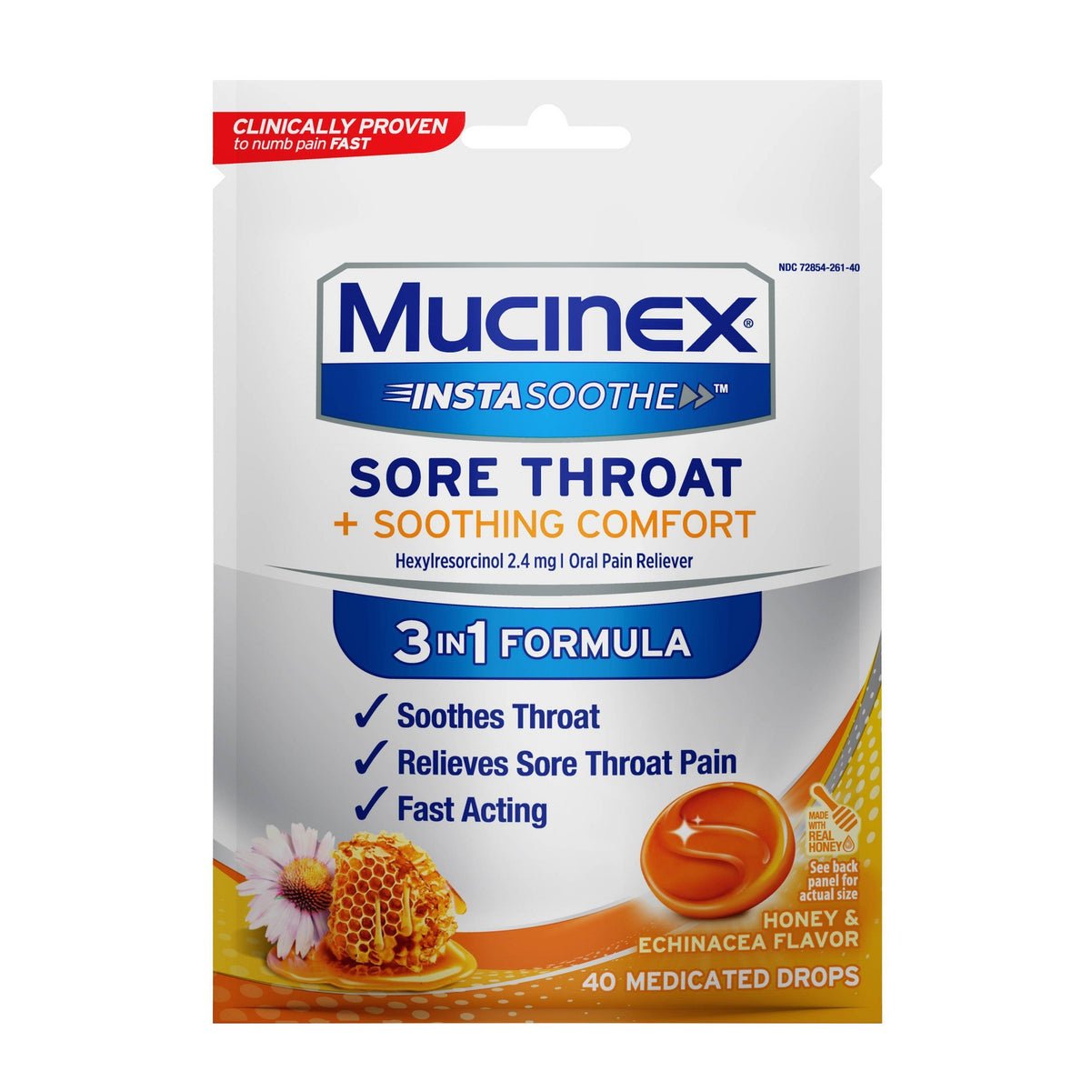 Mucinex Sore Throat + Soothing Comfort, Medicated Drops, Honey & Echinacea Flavor