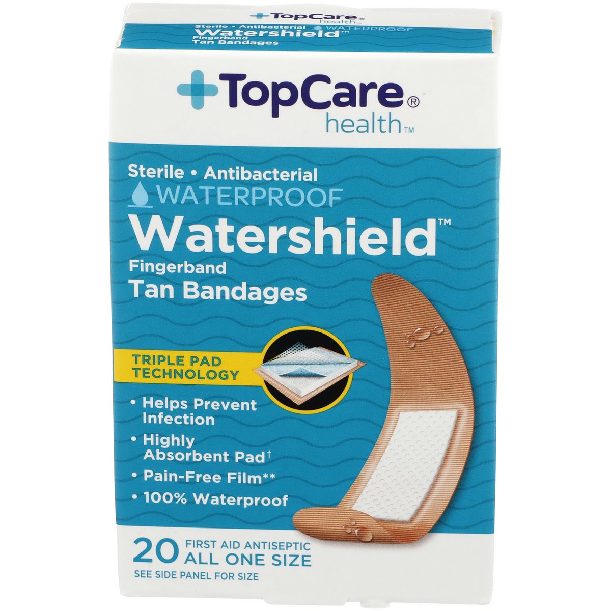 TopCare Health Sterile Antibacterial Waterproof Watershield Fingerband Bandages, 20 ct