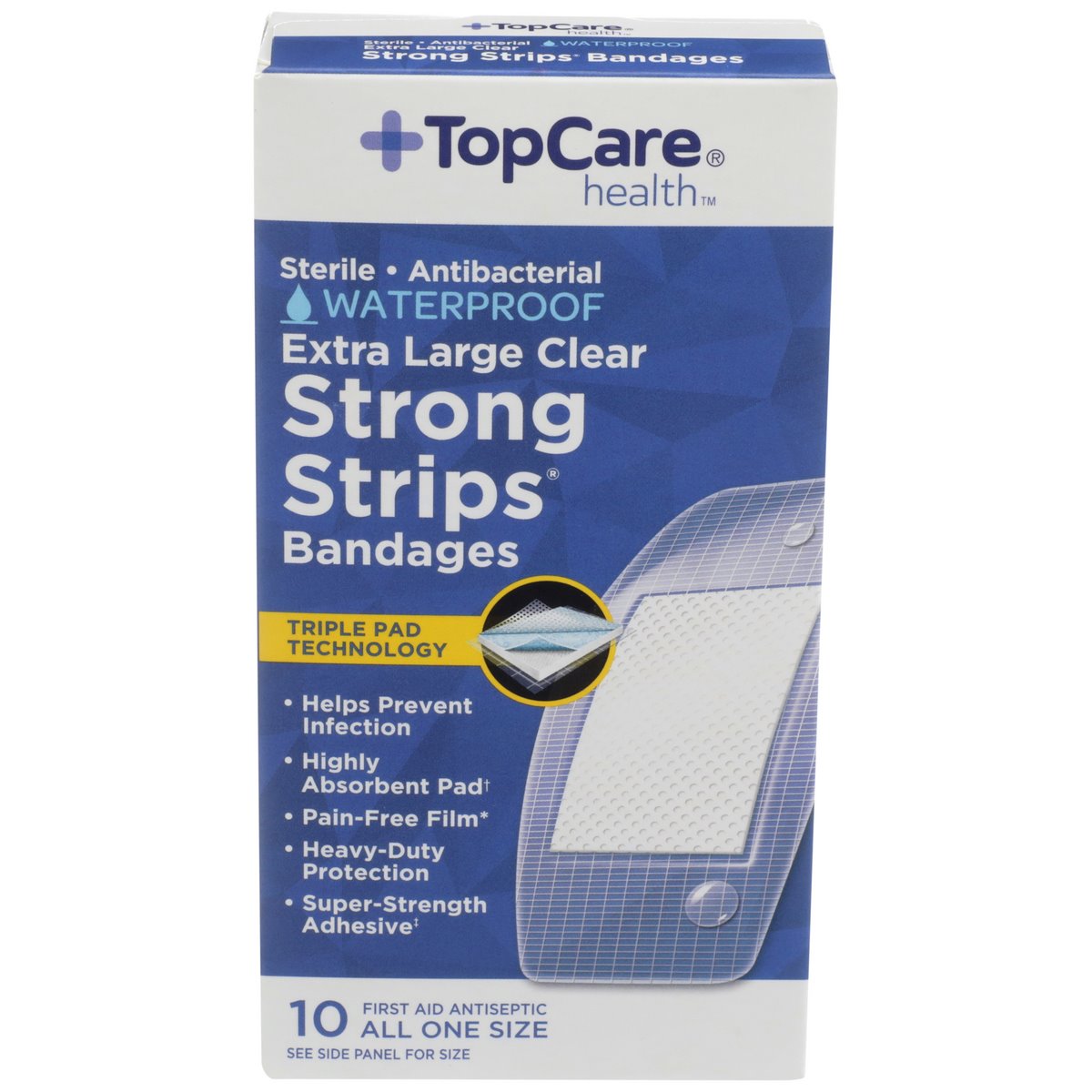 TopCare Sterile Antibacterial Waterproof Extra Large Clear Strong Strips Bandages, 10 ct