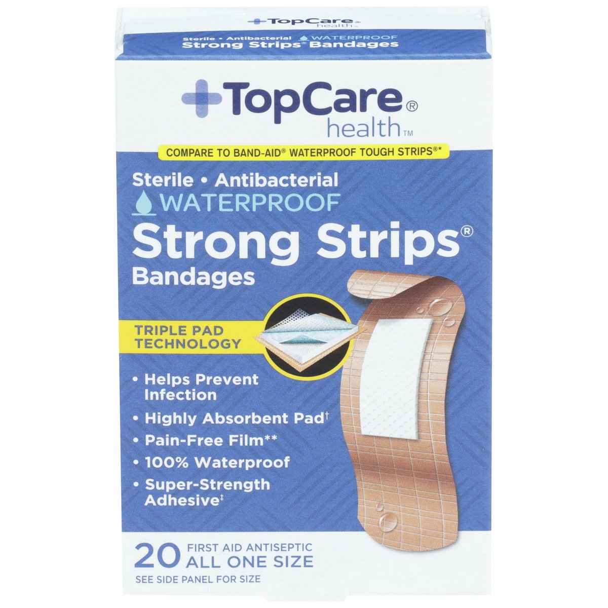 TopCare Health Strong Strips Sterile Antibacterial Waterproof Bandages, 20 ct