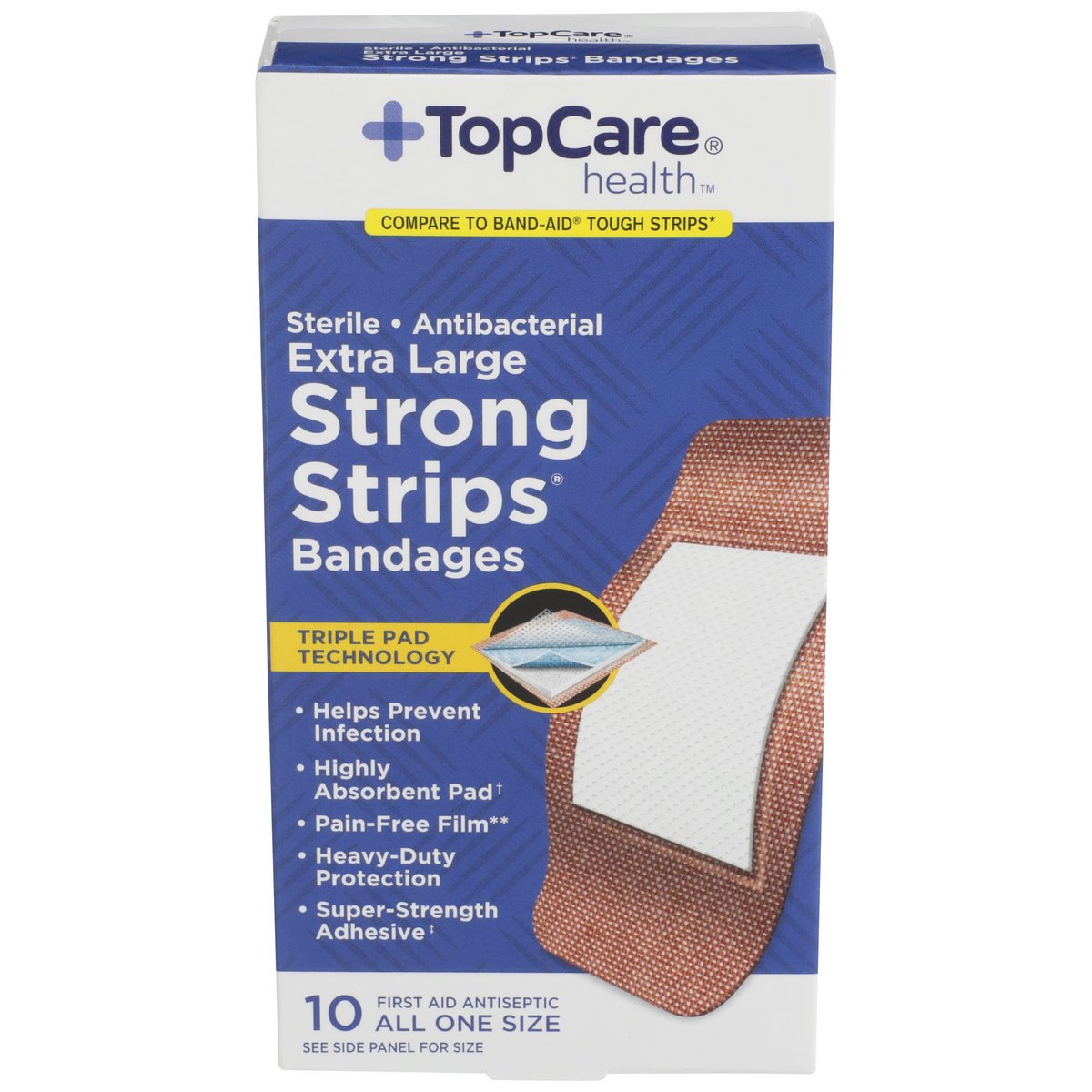 TopCare Antibacterial Strong Strips Bandages, Extra Large, 10 ct
