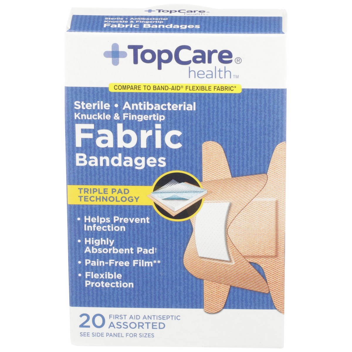 TopCare Antibacterial Flex Fabric Bandages, Knuckle & Fingertip, 20 ct