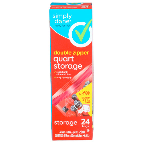 Simply Done Storage Bags Double Zipper Quart Size 24 ct