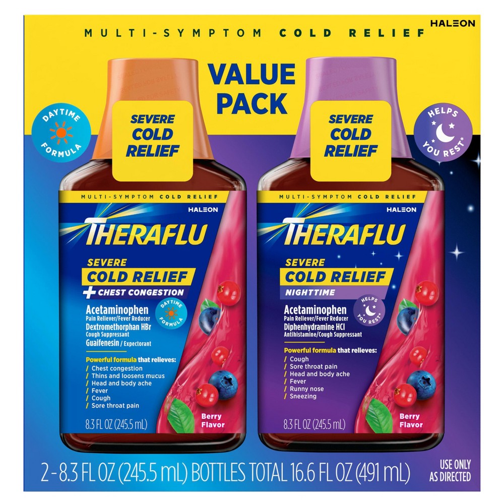 Theraflu Multi-Symptom Severe Cold Relief Day & Night Liquid - Berry - 16.6 Fl Oz