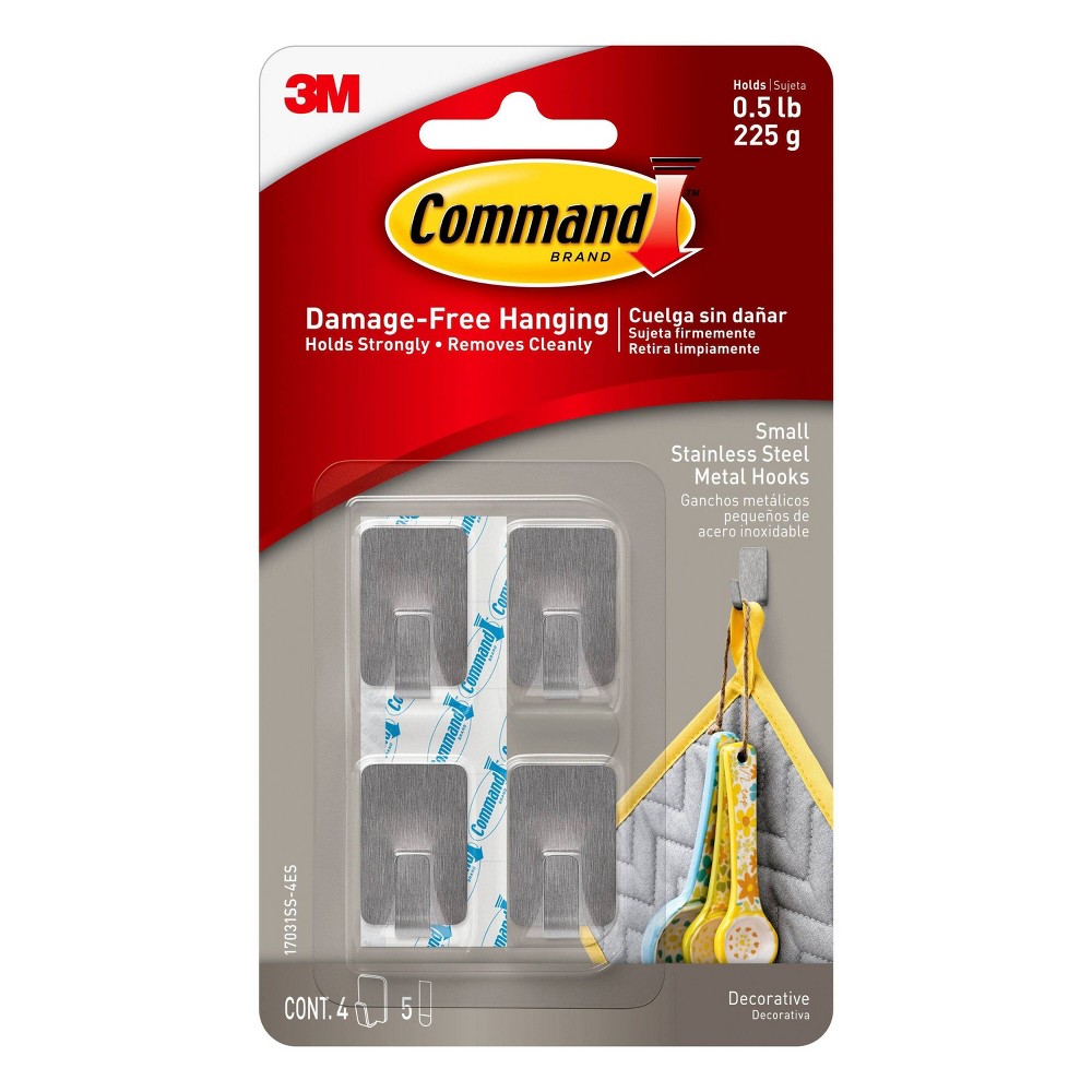 Command Small Stainless Steel Metal Hooks 17031SS-4ESF, 4 Hooks, 5 Strips