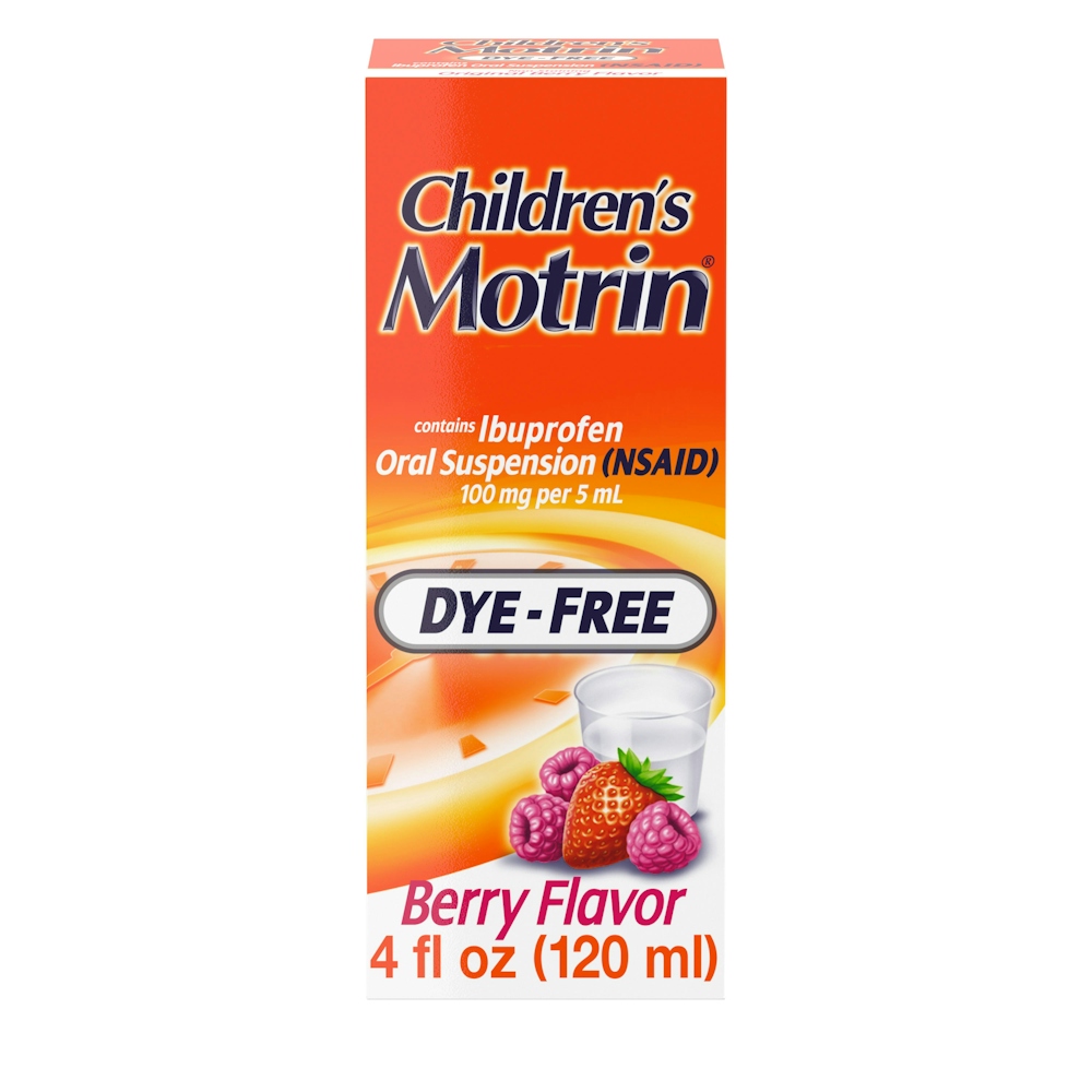 Motrin Children's Oral Suspension Dye-Free Fever Reduction & Pain Reliever, Ibuprofen 100 Mg, Berry Flavor, 4 Fl Oz