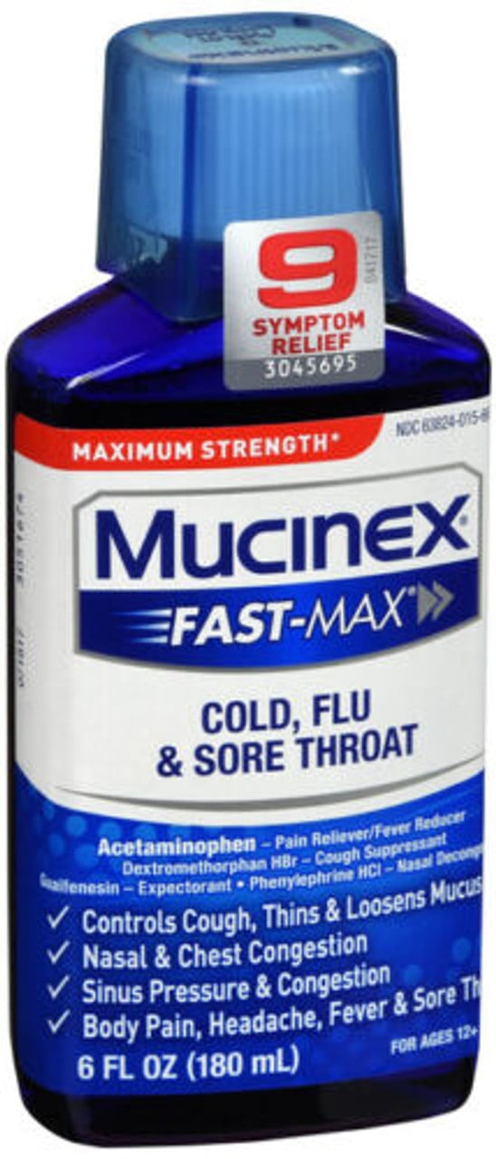Mucinex Fast-Max Maximum Strength Cold, Flu & Sore Throat Liquid, For Ages 12+, 6 Fl Oz, 6 Fluid Ounce
