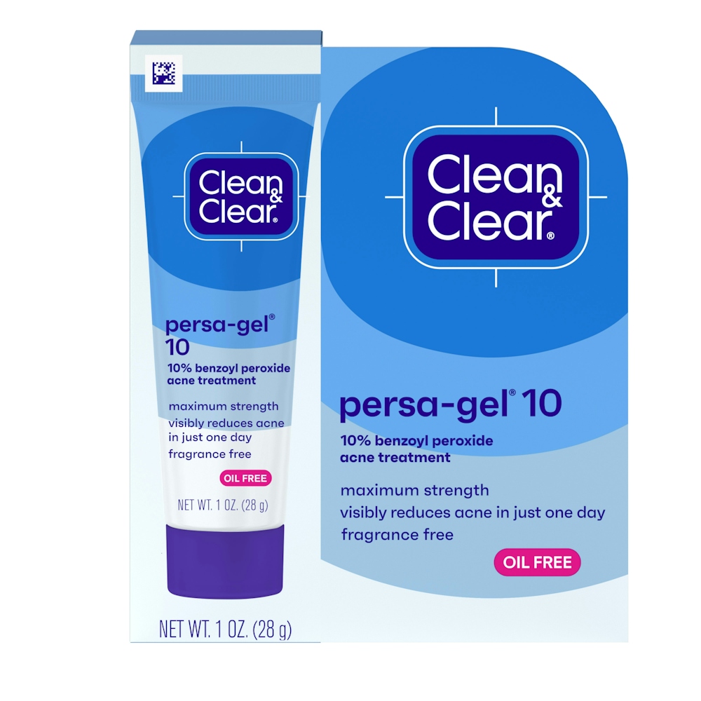 Clean & Clear Persa-Gel 10 Oil-Free Acne Spot Treatment With Maximum Strength 10% Benzoyl Peroxide, Topical Pimple Cream Gel Medication For Face, Fragrance-Free, 1 Fl. Oz