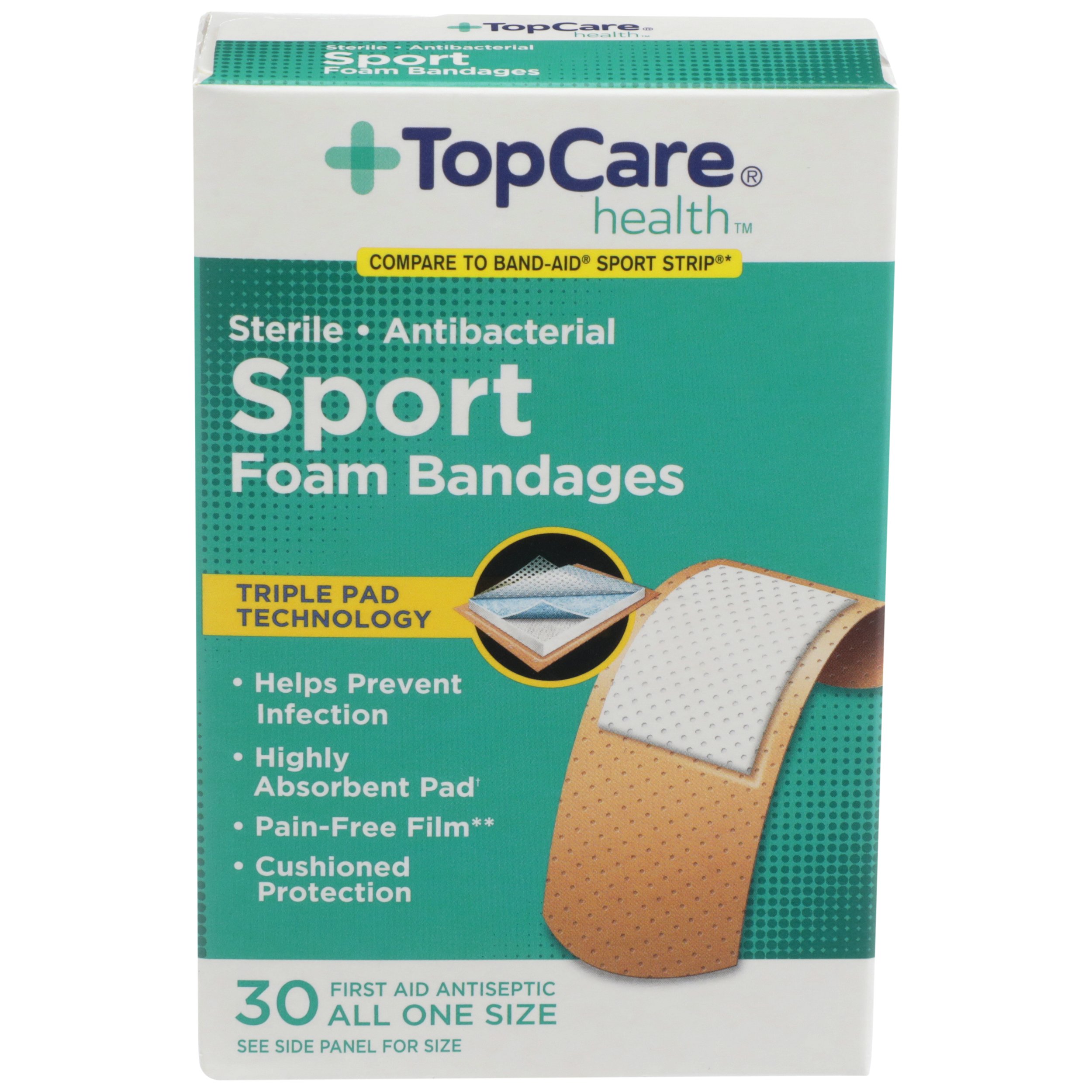TopCare Sterile Antibacterial Sport Foam Bandages, All One Size, 30 ct