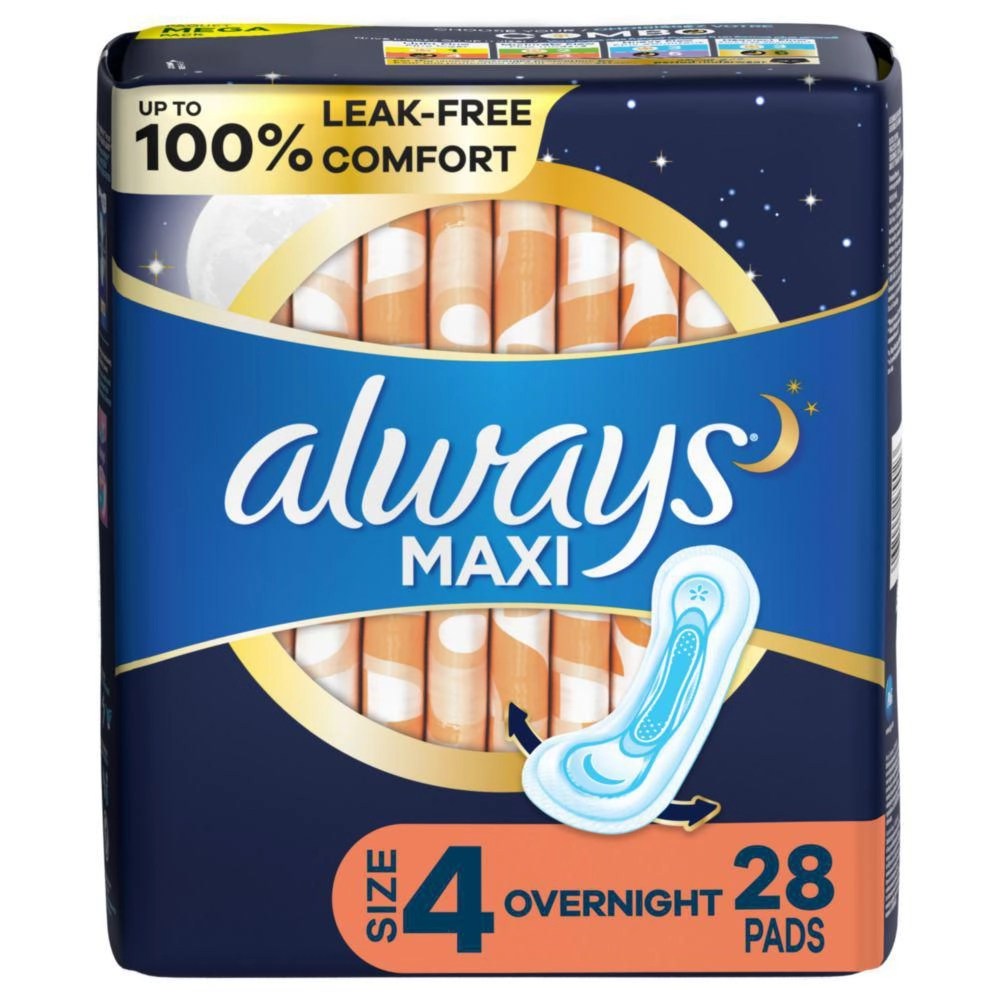 Always Maxi Size 4 Overnight Pads Without Wings, Unscented