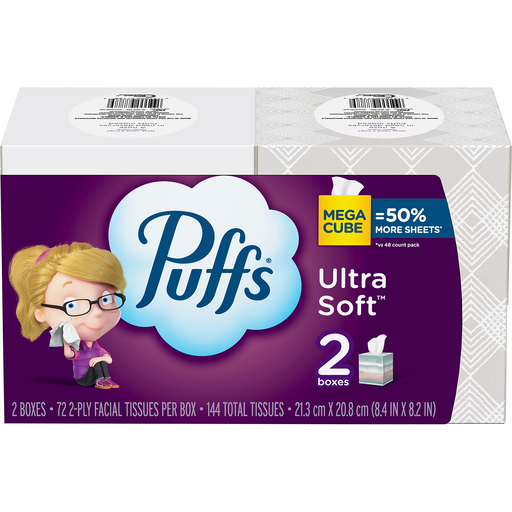 Puffs Ultra Soft Non-Lotion Facial Tissue, 2 Mega Cubes, 72 Facial Tissue Per Cube