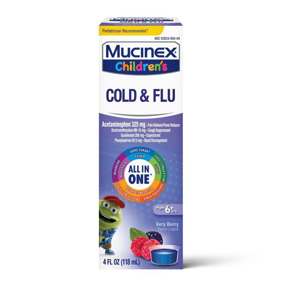 Mucinex Cold & Flu, All In One, Very Berry Flavor, Liquid, Ages 6+ Years 4 Fl Oz