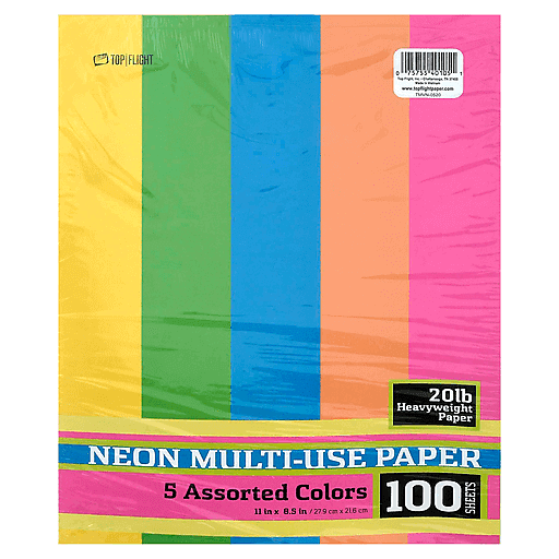 Top Flight 20 Pounds Heavyweight Assorted Colors Neon Multi-Use Paper 100 Sheets