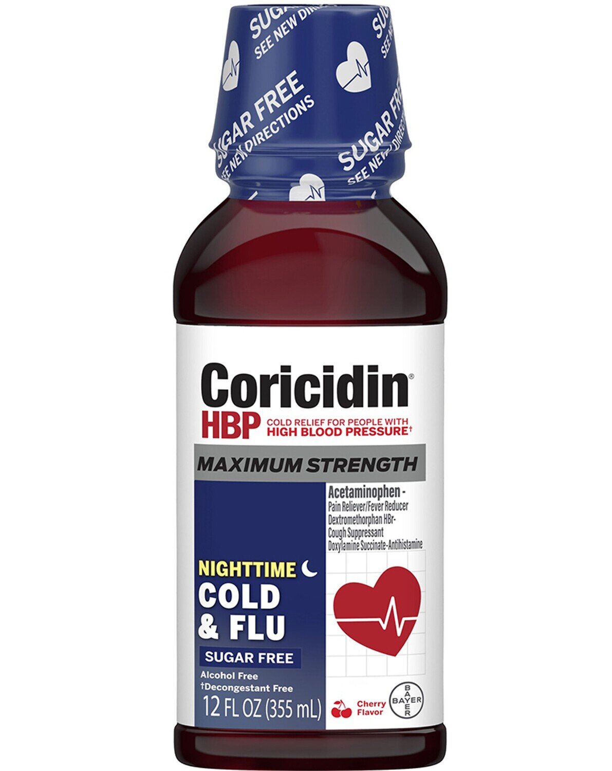 Coricidin HBP Nighttime Maximum Strength Cherry Cold & Flu 12 Fl Oz