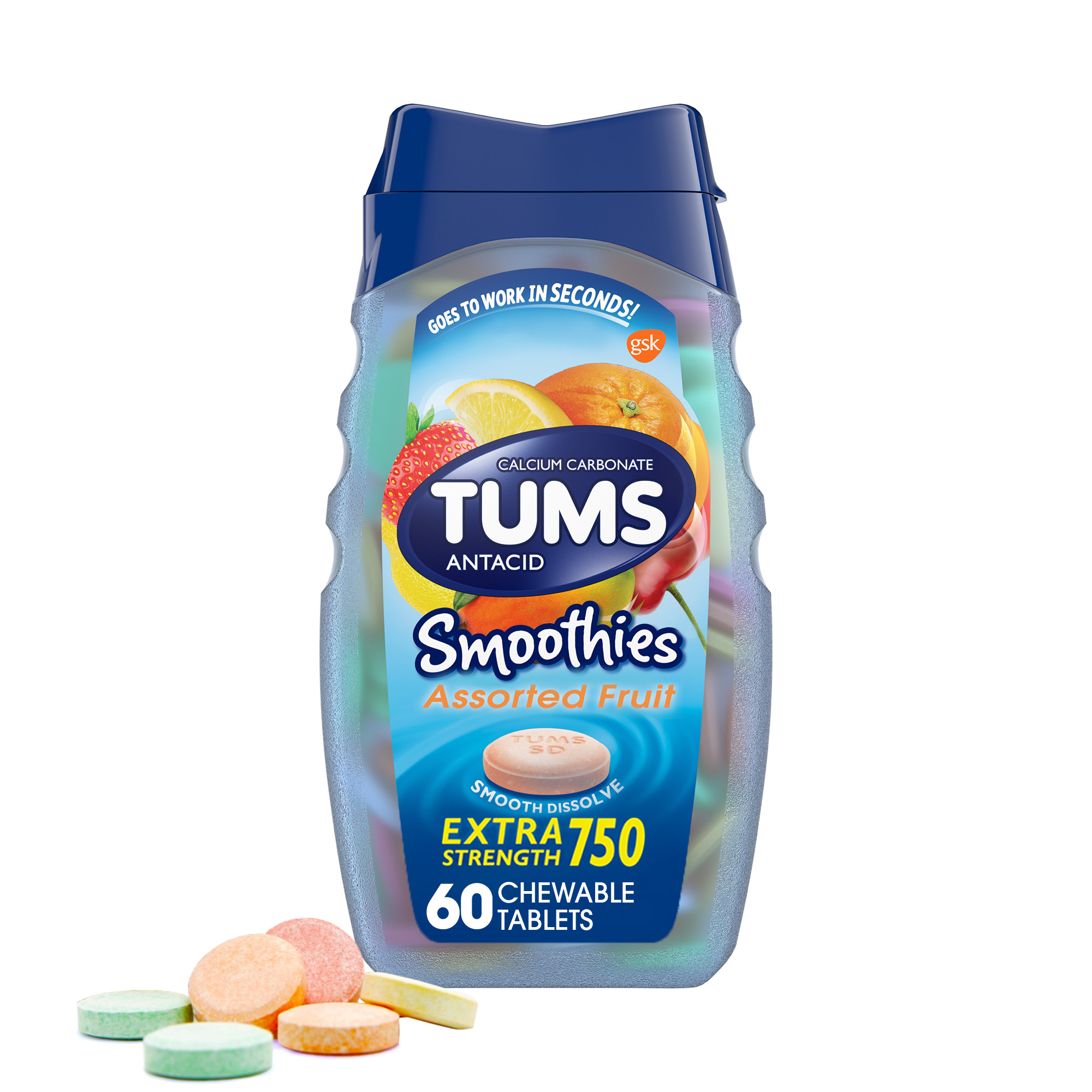 Tums Smoothies Chewable Extra Strength Antacid Tablets For Heartburn Relief, Assorted Fruit