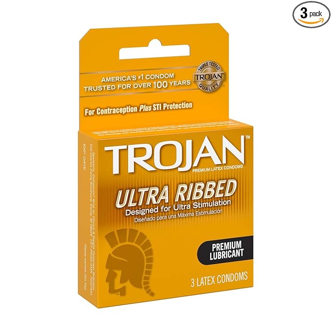 Trojan Ultra Ribbed Lubricated Latex Condoms, 3 Ct