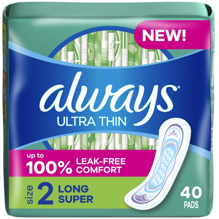 Always Ultra Thin Pads Size 2 Super Long Absorbency Without Wings, Unscented, 40 Count