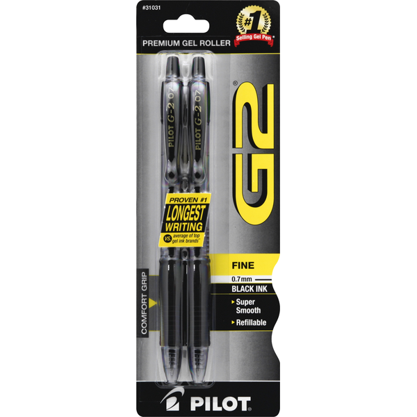 Pilot G2 Retractable Gel Pens, Fine Point 0.7 mm, Black Ink, 2 ct